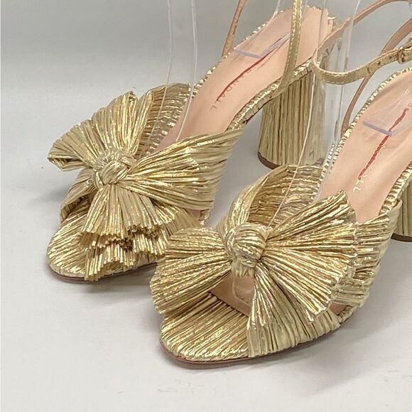 Loeffler Randall Camellia Gold Pleated Bow Heel Sandals size 6.5 - Picture 7 of 12